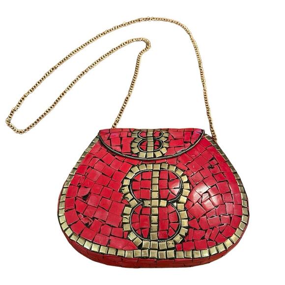 Ramla Handbags - RAMLA Portè-Moi Handmade Red Gold Mosaic Convertible Crossbody Clutch Bag NEW
